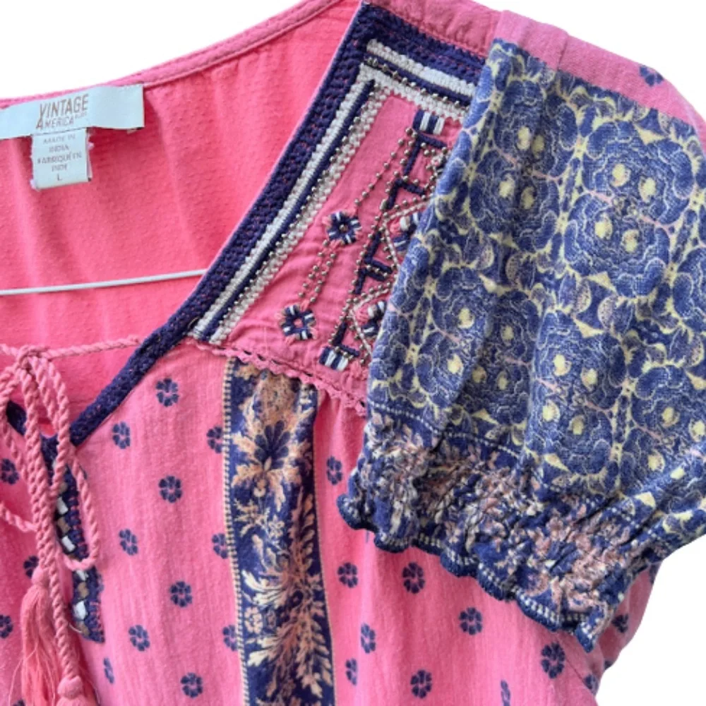 Pink & Blue Vintage America Brand Boho Peasant Beaded Top 🎉2X Host Pick🎉 - Picture 4 of 7